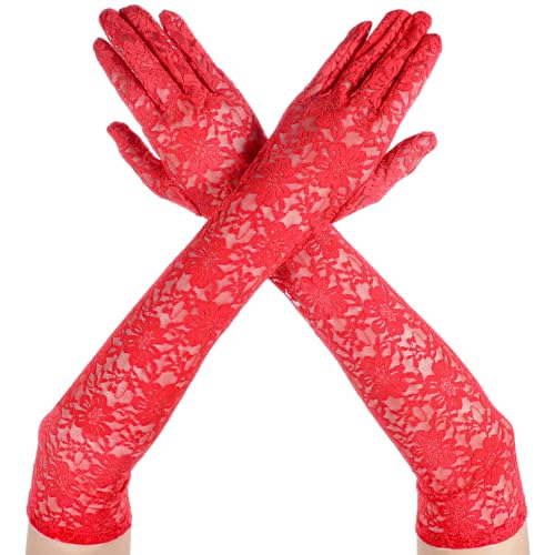 HaiFafafaing Lang Spitze Handschuhe Floral Spitze Handschuhe Rot Damen Hochzeit Spitzenhandschuhe Halloween für Abendessen Teeparty Cosplay Party 1920s Spitze-Oper(Rot) von HaiFafafaing