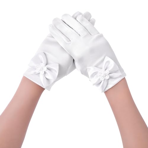 Kommunionshandschuhe Mädchen Handschuhe Kommunion Kleid Mädchen Weiß Elegant Weiße Satinhandschuhe Braut Blumenkleid Handschuhen für Blumenmädchen Halloween Party Geburtstag Hochzeit Kostüm von HaiFafafaing