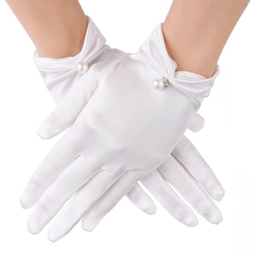 HaiFafafaing Satinhandschuhe Hochzeit Handschuhe Brauthandschuhe Weiß Handschuhe Kurze Elegant Formelle Oper Hochzeits Anzughandschuhe für Damen Braut Kostüm Hochzeit(Weiß) von HaiFafafaing