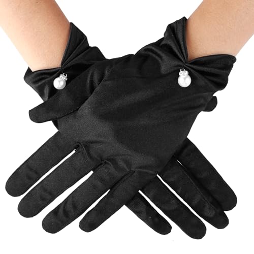 HaiFafafaing Satinhandschuhe Hochzeit Handschuhe Brauthandschuhe Weiß Handschuhe Kurze Elegant Formelle Oper Hochzeits Anzughandschuhe für Damen Braut Kostüm Hochzeit(Schwarz) von HaiFafafaing