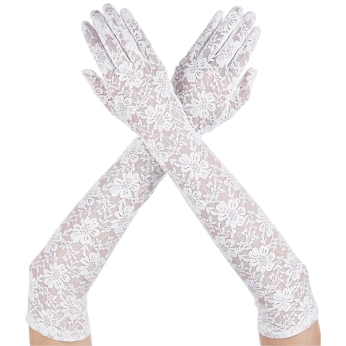 HaiFafafaing Weiße Handschuhe Spitze Blumen Spitze Handschuhe Damen Hochzeit Netzhandschuhe Halloween für Abendessen Teeparty Cosplay Party 1920s Spitze-Oper(Weiß) von HaiFafafaing