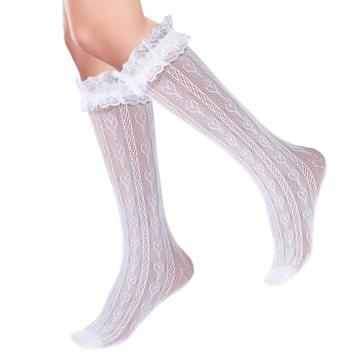 HaiFafafaing Weiße Spitzen Kniestrümpfe für Damen und Mädchen Süße Lolita Kniestrümpfe Spitzen Rüschen Netzstrümpfe für Party Röcke Alltägliches von HaiFafafaing
