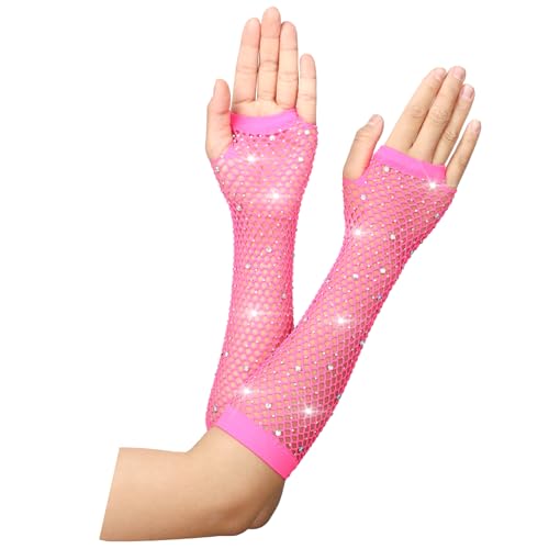 HaiFafafaing Netzhandschuhe Rosa Handschuhe Damen Fingerlose Fishnet Gloves Fischnetz Strass Glänzende Netzhandschuhe für 80er Jahre Kostüm Zubehör Disco Maskerade Partyzubehör (Rosenrot) von HaiFafafaing
