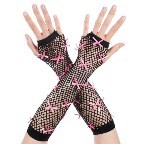 Netzhandschuhe Lang Fischnetz Fingerlose Handschuhe Mit Schleife und Strasssteinen Damen Stretch Mesh Handschuhe Retro Nylon Fishnet Gloves für 80er Jahre Kostüm Zubehör Disco Maskerade Hochzeit von HaiFafafaing