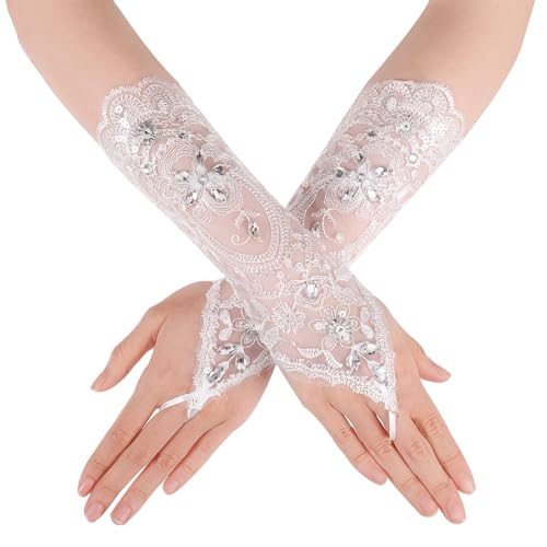 HaiFafafaing Hochzeitshandschuhe Fingerlose Handschuhe Spitzenhandschuhe Fingerlose mit Strasssteinen Lang Spitze Handschuhe Weiße Spitzenhandschuhe für Braut Oper Party Abschlussball Halloween von HaiFafafaing