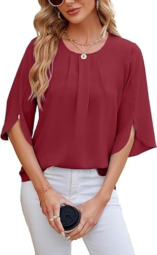 Haibang Bluse Damen 3/4 Arm Oberteile Elegant Tunika Sommer Chiffon Damenblusen Leichte Festliche Blusen Einfarbig Kurzarm Bluse Tops Locker Flowy Blusenshirt Sommerbluse von Haibang