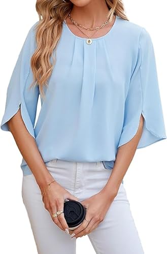Haibang Bluse Damen 3/4 Arm Oberteile Elegant Tunika Sommer Chiffon Damenblusen Leichte Festliche Blusen Einfarbig Kurzarm Bluse Tops Locker Flowy Blusenshirt Sommerbluse von Haibang