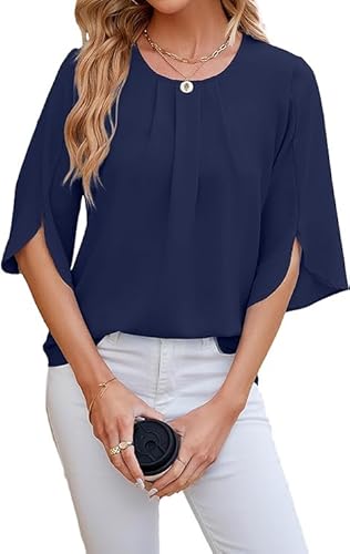 Haibang Bluse Damen 3/4 Arm Oberteile Elegant Tunika Sommer Chiffon Damenblusen Leichte Festliche Blusen Einfarbig Kurzarm Bluse Tops Locker Flowy Blusenshirt Sommerbluse von Haibang