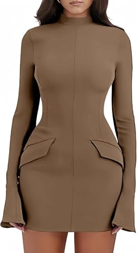 Haibang Damen Kleid Elegant Flare Langarm Bodycon Minikleid Sexy Partykleid Figurbetontes Kleid Rollkragen Businesskleider Freizeitkleid Basic Kurz Kleider Langarmkleid Herbstkleider mit Taschen von Haibang