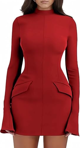Haibang Damen Kleid Elegant Flare Langarm Bodycon Minikleid Sexy Partykleid Figurbetontes Kleid Rollkragen Businesskleider Freizeitkleid Basic Kurz Kleider Langarmkleid Herbstkleider mit Taschen von Haibang