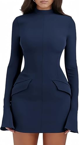 Haibang Damen Kleid Elegant Flare Langarm Bodycon Minikleid Sexy Partykleid Figurbetontes Kleid Rollkragen Businesskleider Freizeitkleid Basic Kurz Kleider Langarmkleid Herbstkleider mit Taschen von Haibang