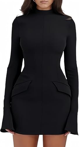 Haibang Damen Kleid Elegant Flare Langarm Bodycon Minikleid Sexy Partykleid Figurbetontes Kleid Rollkragen Businesskleider Freizeitkleid Basic Kurz Kleider Langarmkleid Herbstkleider mit Taschen von Haibang