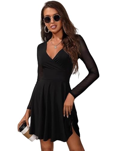 Haibang Damen Netz Ärmel Kleider A Linie Sexy Tief V-Ausschnitt Minikleid Bodycon Elegant Kleider Mesh Spleißen Langarmkleid Hohe Taille Glitzerkleid Partykleid Skaterkleid Cocktailkleid von Haibang
