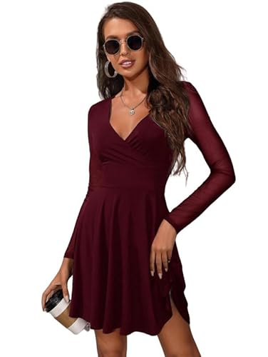 Haibang Damen Netz Ärmel Kleider A Linie Sexy Tief V-Ausschnitt Minikleid Bodycon Elegant Kleider Mesh Spleißen Langarmkleid Hohe Taille Glitzerkleid Partykleid Skaterkleid Cocktailkleid von Haibang