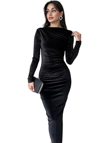Haibang Damen Samtkleid Langarm Elegant Winterkleid Bodycon Midikleid Figurbetontes Kleid Sexy Rüschen Langarmkleid Vintage Freizeitkleid Einfarbig Abendkleid Partykleid Clubkleid Cocktailkleid von Haibang