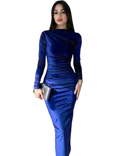 Haibang Damen Samtkleid Langarm Elegant Winterkleid Bodycon Midikleid Figurbetontes Kleid Sexy Rüschen Langarmkleid Vintage Freizeitkleid Einfarbig Abendkleid Partykleid Clubkleid Cocktailkleid von Haibang