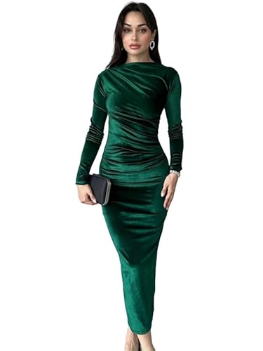 Haibang Damen Samtkleid Langarm Elegant Winterkleid Bodycon Midikleid Figurbetontes Kleid Sexy Rüschen Langarmkleid Vintage Freizeitkleid Einfarbig Abendkleid Partykleid Clubkleid Cocktailkleid von Haibang