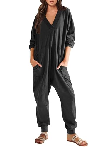 Haibang Jumpsuit Damen Lang Einteiler Langarm V-Ausschnitt Overall Lässig Baggy Romper Einfarbig Übergroße Strampler Weite Bein Playsuit Casual Pyjamas Jumpsuit Warm Hausanzug mit Große Tasche von Haibang