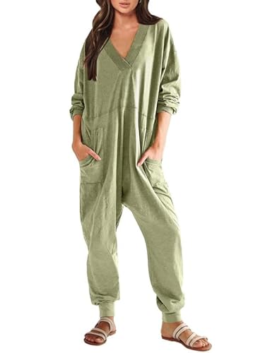 Haibang Jumpsuit Damen Lang Einteiler Langarm V-Ausschnitt Overall Lässig Baggy Romper Einfarbig Übergroße Strampler Weite Bein Playsuit Casual Pyjamas Jumpsuit Warm Hausanzug mit Große Tasche von Haibang
