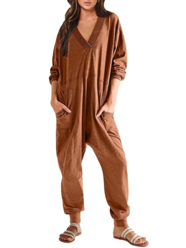 Haibang Jumpsuit Damen Lang Einteiler Langarm V-Ausschnitt Overall Lässig Baggy Romper Einfarbig Übergroße Strampler Weite Bein Playsuit Casual Pyjamas Jumpsuit Warm Hausanzug mit Große Tasche von Haibang