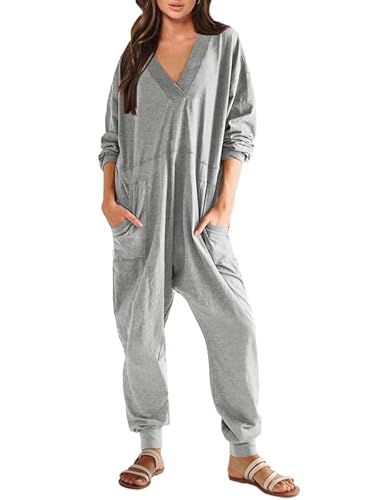Haibang Jumpsuit Damen Lang Einteiler Langarm V-Ausschnitt Overall Lässig Baggy Romper Einfarbig Übergroße Strampler Weite Bein Playsuit Casual Pyjamas Jumpsuit Warm Hausanzug mit Große Tasche von Haibang