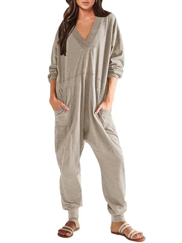 Haibang Jumpsuit Damen Lang Einteiler Langarm V-Ausschnitt Overall Lässig Baggy Romper Einfarbig Übergroße Strampler Weite Bein Playsuit Casual Pyjamas Jumpsuit Warm Hausanzug mit Große Tasche von Haibang