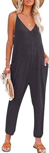 Haibang Jumpsuit Damen Sommer Ärmellos Latzhose Lang Träger Overall Locker V-Ausschnitt Romper Casual Arbeitshose Playsuit Elegant Einteiler Oversize Baggy Latzhosen mit Taschen von Haibang