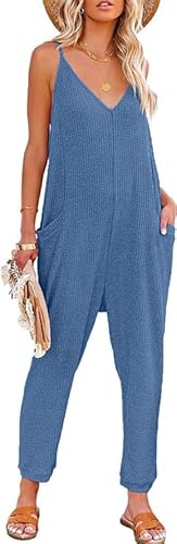 Haibang Jumpsuit Damen Sommer Ärmellos Latzhose Lang Träger Overall Locker V-Ausschnitt Romper Casual Arbeitshose Playsuit Elegant Einteiler Oversize Baggy Latzhosen mit Taschen von Haibang
