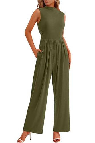 Haibang Jumpsuit Damen Sommer Elegant Ärmellos Overall Lang Mock Neck Romper Lässig Einteiler Festlich Hochzeit Hosenanzug Weites Bein Hose Playsuit mit Taschen von Haibang