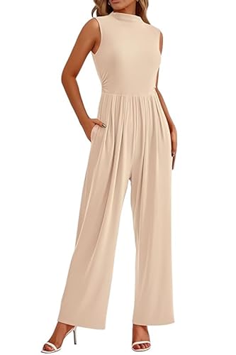 Haibang Jumpsuit Damen Sommer Elegant Ärmellos Overall Lang Mock Neck Romper Lässig Einteiler Festlich Hochzeit Hosenanzug Weites Bein Hose Playsuit mit Taschen von Haibang