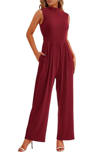 Haibang Jumpsuit Damen Sommer Elegant Ärmellos Overall Lang Mock Neck Romper Lässig Einteiler Festlich Hochzeit Hosenanzug Weites Bein Hose Playsuit mit Taschen von Haibang