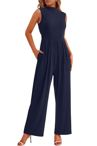 Haibang Jumpsuit Damen Sommer Elegant Ärmellos Overall Lang Mock Neck Romper Lässig Einteiler Festlich Hochzeit Hosenanzug Weites Bein Hose Playsuit mit Taschen von Haibang