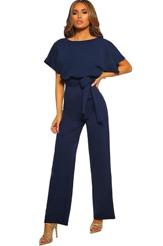 Haibang Jumpsuit Damen Sommer Elegant O-Ausschnitt Overall Lang Romper Lässig Kurzarm Einteiler Hosenanzug Festlich Playsuit Mit Gürtel Weites Bein Hose von Haibang