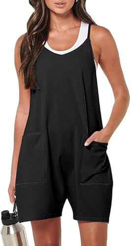 Haibang Jumpsuit Damen Sommer Lässiger Kurz Latzhosen Arbeitshose Locker Träger Overall Einteiler Ärmellos Romper Spagettiträger Playsuit Hosenanzug Sommer Outfit mit Große Taschen von Haibang