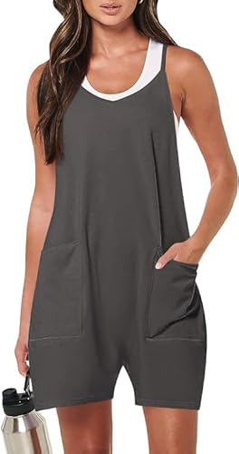 Haibang Jumpsuit Damen Sommer Lässiger Kurz Latzhosen Arbeitshose Locker Träger Overall Einteiler Ärmellos Romper Spagettiträger Playsuit Hosenanzug Sommer Outfit mit Große Taschen von Haibang