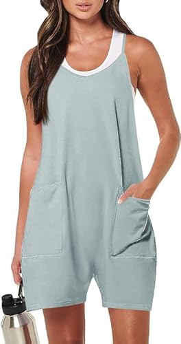 Haibang Jumpsuit Damen Sommer Lässiger Kurz Latzhosen Arbeitshose Locker Träger Overall Einteiler Ärmellos Romper Spagettiträger Playsuit Hosenanzug Sommer Outfit mit Große Taschen von Haibang