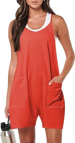 Haibang Jumpsuit Damen Sommer Lässiger Kurz Latzhosen Arbeitshose Locker Träger Overall Einteiler Ärmellos Romper Spagettiträger Playsuit Hosenanzug Sommer Outfit mit Große Taschen von Haibang