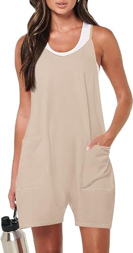 Haibang Jumpsuit Damen Sommer Lässiger Kurz Latzhosen Arbeitshose Locker Träger Overall Einteiler Ärmellos Romper Spagettiträger Playsuit Hosenanzug Sommer Outfit mit Große Taschen von Haibang