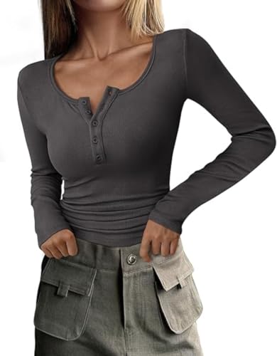 Haibang Langarmshirt Damen Eng Stretch Pullover Rundhals Gerippt Langarm Oberteile Slim Fit Henley Shirt mit Knopfleiste Casual Basic T-Shirt Sexy Basic Tops Elegant Bluse Tunika Haibang Langarmshirt Damen Eng Stretch Pullover Rundhals Gerippt Langarm Oberteile Slim Fit Henley Shirt mit Knopfleiste Casual Basic T-Shirt Sexy Basic Tops Elegant Bluse Tunika von Haibang