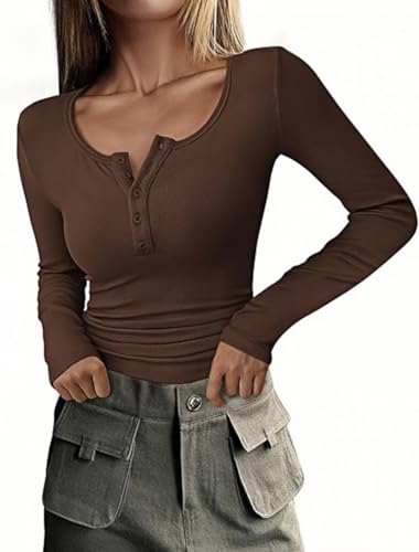 Haibang Langarmshirt Damen Eng Stretch Pullover Rundhals Gerippt Langarm Oberteile Slim Fit Henley Shirt mit Knopfleiste Casual Basic T-Shirt Sexy Basic Tops Elegant Bluse Tunika Haibang Langarmshirt Damen Eng Stretch Pullover Rundhals Gerippt Langarm Oberteile Slim Fit Henley Shirt mit Knopfleiste Casual Basic T-Shirt Sexy Basic Tops Elegant Bluse Tunika von Haibang