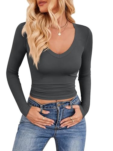 Haibang Langarmshirt Damen Eng V Ausschnitt Gerippt Slim Fit Basic T-Shirt Stretch Pullover Elegant Langarm Oberteile Sexy Basic Tops Casual Bluse Tunika Haibang Langarmshirt Damen Eng V Ausschnitt Gerippt Slim Fit Basic T-Shirt Stretch Pullover Elegant Langarm Oberteile Sexy Basic Tops Casual Bluse Tunika von Haibang