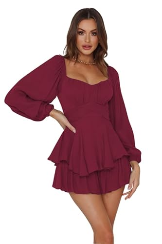 Haibang Piratenkostüm Damen Strampler Kleid Langarm Rüschen Jumpsuit Shorts Elegant Chiffon Minikleid Flowy Freizeitkleid Blusenkleid Off Shoulder Partykleid Strandkleid Casual Overalls Playsuit von Haibang