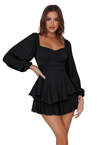 Haibang Piratenkostüm Damen Strampler Kleid Langarm Rüschen Jumpsuit Shorts Elegant Chiffon Minikleid Flowy Freizeitkleid Blusenkleid Off Shoulder Partykleid Strandkleid Casual Overalls Playsuit von Haibang