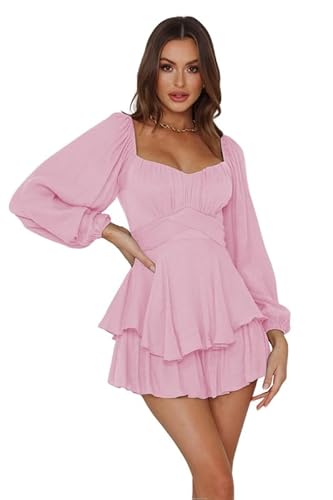 Haibang Piratenkostüm Damen Strampler Kleid Langarm Rüschen Jumpsuit Shorts Elegant Chiffon Minikleid Flowy Freizeitkleid Blusenkleid Off Shoulder Partykleid Strandkleid Casual Overalls Playsuit von Haibang