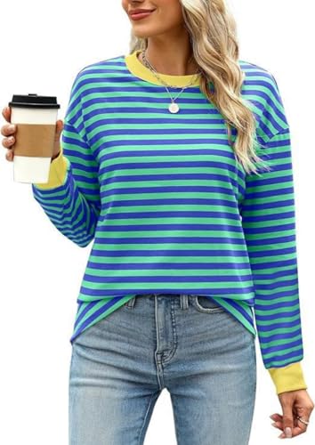 Haibang Sweatshirt Damen Gestreift Farbblock Langarmshirt Rundhals Pullover Casual Locker Oberteile Herbst Elegant Striped Shirt Tops von Haibang
