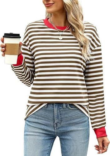 Haibang Sweatshirt Damen Gestreift Farbblock Langarmshirt Rundhals Pullover Casual Locker Oberteile Herbst Elegant Striped Shirt Tops von Haibang