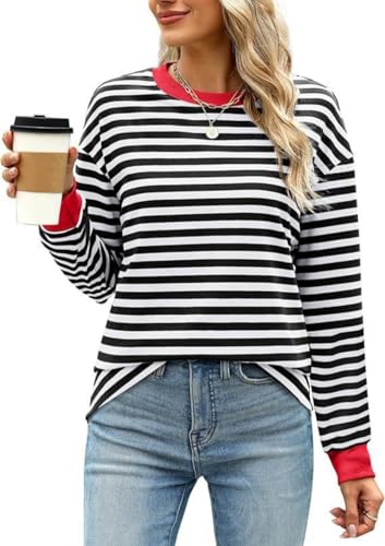 Haibang Sweatshirt Damen Gestreift Farbblock Langarmshirt Rundhals Pullover Casual Locker Oberteile Herbst Elegant Striped Shirt Tops von Haibang