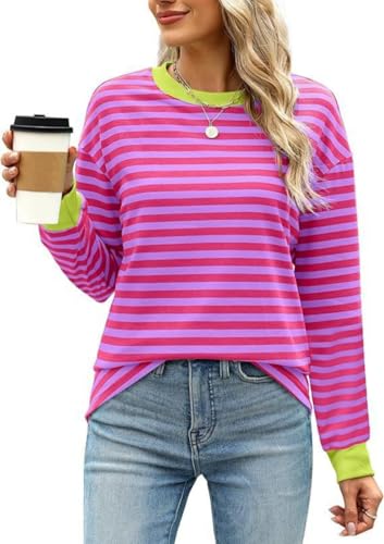 Haibang Sweatshirt Damen Gestreift Farbblock Langarmshirt Rundhals Pullover Casual Locker Oberteile Herbst Elegant Striped Shirt Tops von Haibang