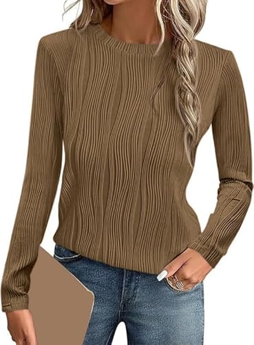 Haibang T-Shirt Damen Elegant Langarm Oberteile Rundhals Langarmshirt Strukturiert Blusen Damen Herbst Lässig Texturierte Tunika Top Trendig Gestrickt Oberteil von Haibang