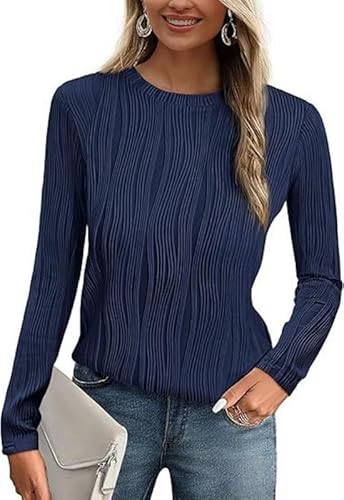 Haibang T-Shirt Damen Elegant Langarm Oberteile Rundhals Langarmshirt Strukturiert Blusen Damen Herbst Lässig Texturierte Tunika Top Trendig Gestrickt Oberteil von Haibang